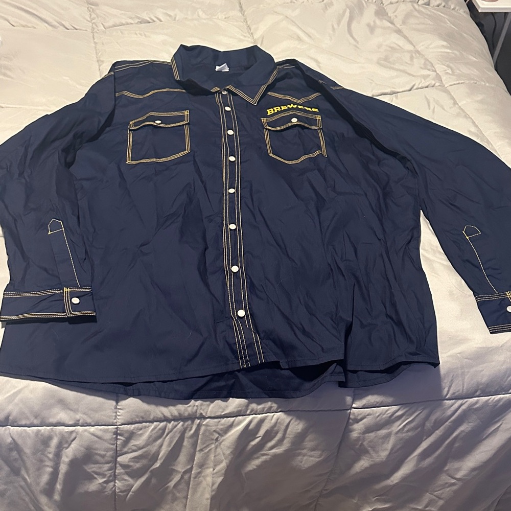 Navy Button-Up Shirt with Yellow Stitching